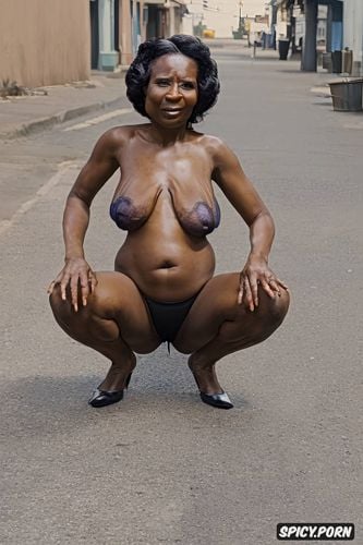 1 3 squatting, full body color image, homeless tribal prostitute