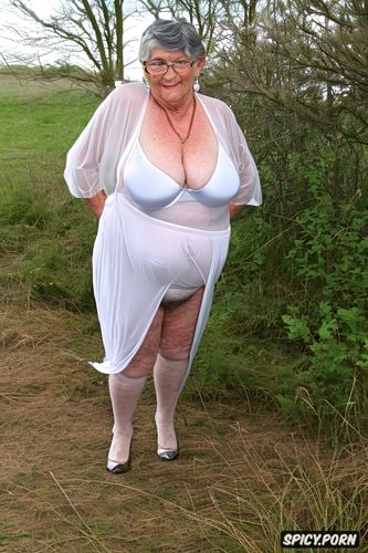 high heels, huge saggy tits, jewelry, pale, granny in a sheer robe revealing