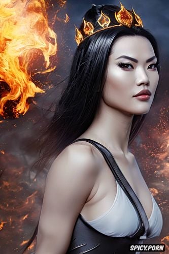 artstation, flame crown, face shot, black hair in an intricate updo