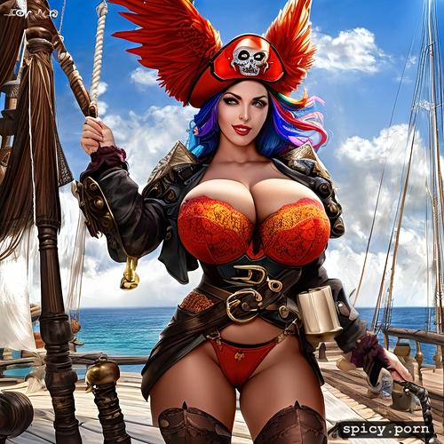 open pirate coat exposing breasts multicolored parrot, intricate