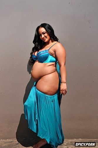 flat stomach, wide hips, large saggy tits, front view, long skirt with matching bra