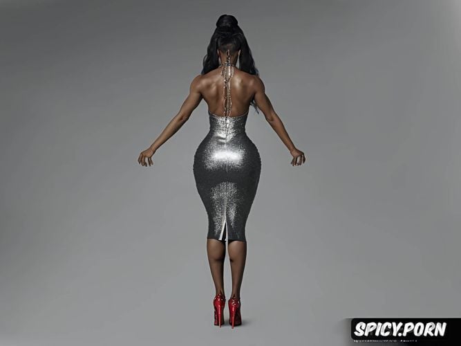 from behind, muscular, nipple print, 8k, silver shoe heel, thick ankles