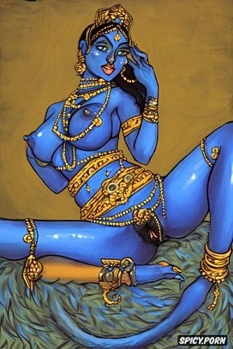 young 18 years old, upset expression, spreading legs, kali, mughal art style