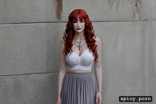 long skirt, red hair, necklace with red stone, 18 years, little tits