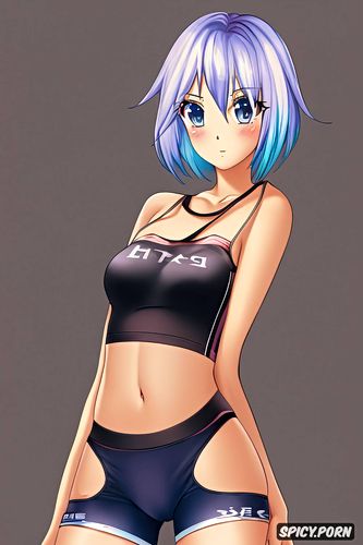 sports bra, 1girl, blacked, a short anime woman with water blue hair dark blue eyes with a flat chest and super tight see through swimsuit