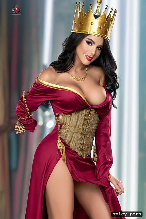 intricate corset, hazel colored eyes, tight red dress with gold details