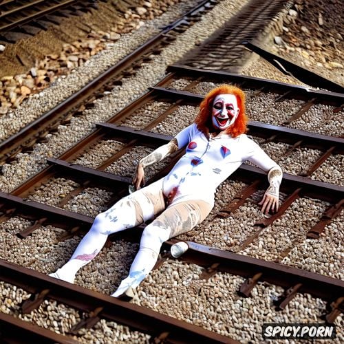 realistic, vivid, mary wiseman dressed as a hobo clown on train tracks white clown make up