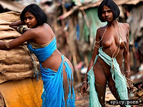 wearing rags, bobcut, sexy indian black woman, brown skin, dark nipples