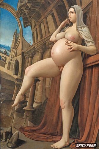 halo, pregnant, classic, virgin mary nude in a stable, spreading legs shows pussy