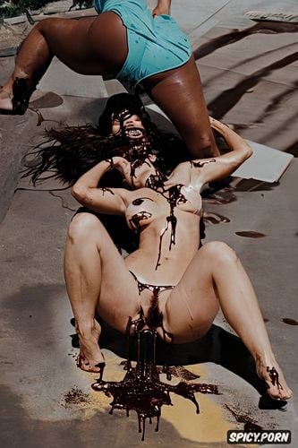 chocolate syrup on vagina, voluptuous body, chocolate smeared on face