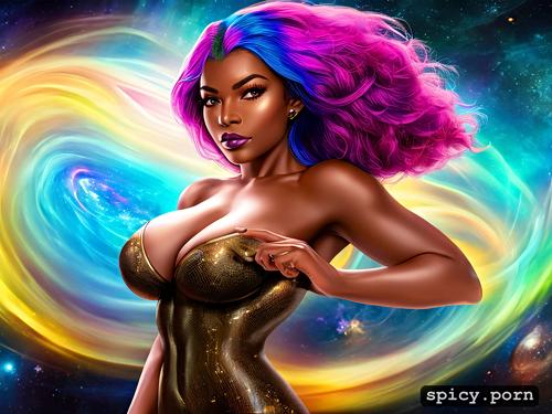 colorful hair, sexy african woman, cleavage, fit, superhero
