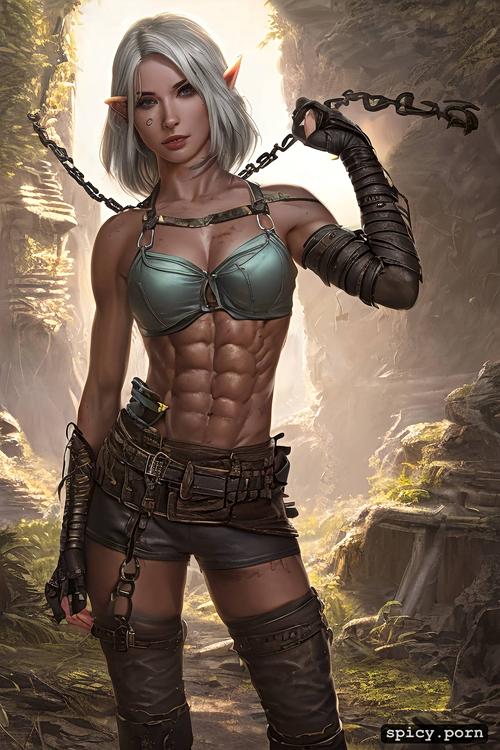 the background is a dungeon, bob haircut, beautiful eyes, chains