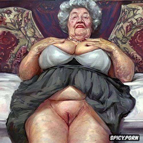 upskirt very realistyc nude pussy, wrinkles old face, the very old fat grandmother queen skirt has nude pussy under her skirt