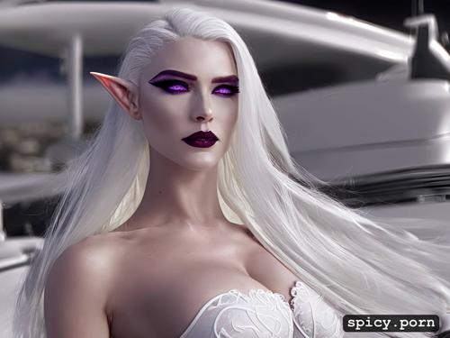 see through clothes, seductive, long straight white hair, perfect slim albino female elf