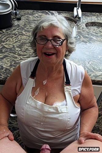 glasses, tongue out with cum, two old grandmothers, pale wrinkled skin