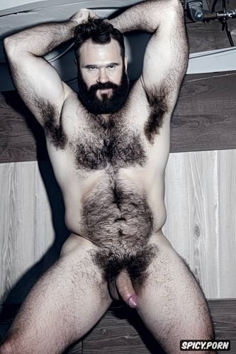 solo chubby old hairy gay man with a big dick showing full body and perfect face beard showing hairy armpits indoors beefy body dark brown hair
