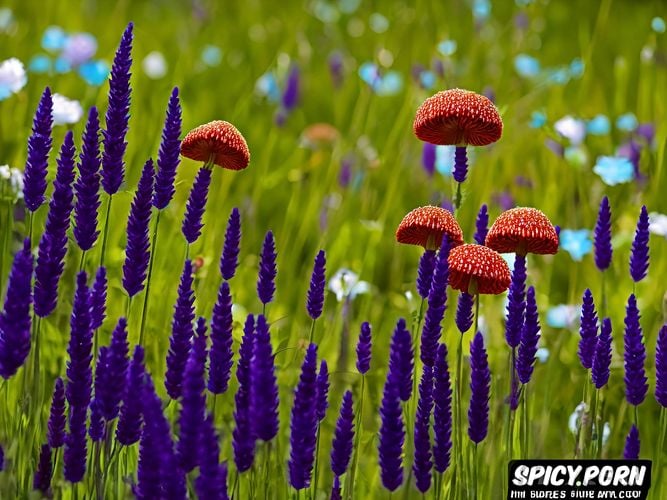 high resolution, fairytale, enchanted flower meadow, magic mushrooms