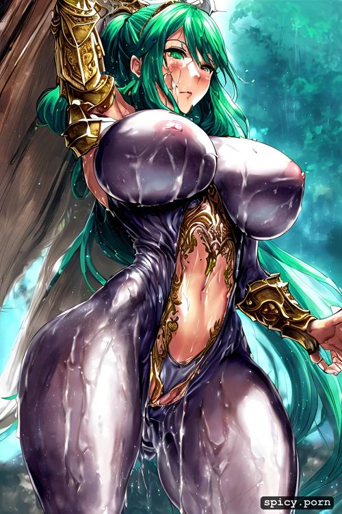 intricate hair, emerald green hair, ultra super massive boobs
