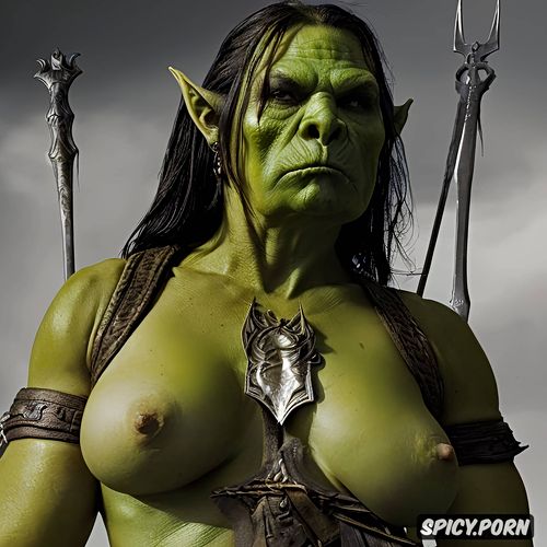 naked beautiful face female green skin orc with huge tits 1 6 human warrior cutting her head off with a sword 1 2