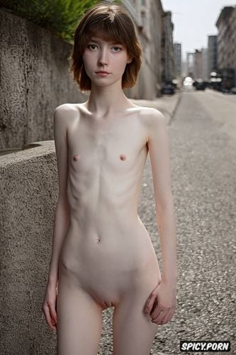 crowded street, pantless, pale skin, flat chest, 18 years, naked pussy