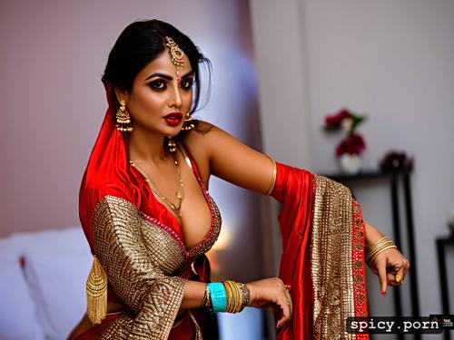 no blouse, seducing pose, wide hips, busty, saree, 30 year old