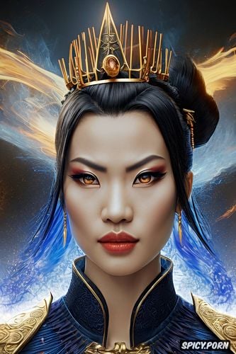golden eyes, artstation, asian skin, flame crown, surrounded by blue fire