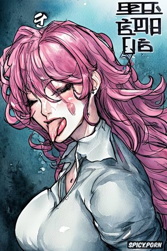 korean woman, pink hair, silicon breasts, ahegao face, curly hair