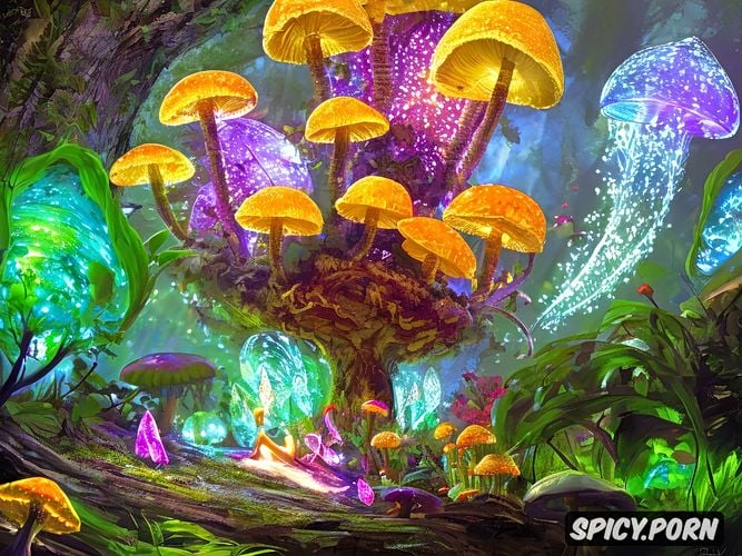 fairy tale, high quality picture, enchanted forest, magic mushrooms glowing in the dark