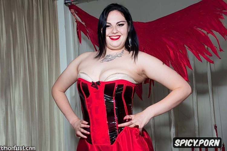 goth woman, smilimg maliciously in a dark room, white, strapless red dress over a fishnet blouse