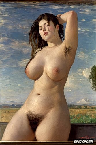 realism painting, jewish teen, very hairy vagina, small delicate breasts