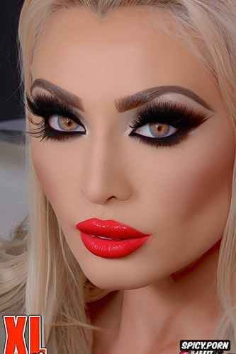 ukrainian babe, face closeup, extremely heavy makeup, bimbo botox lips