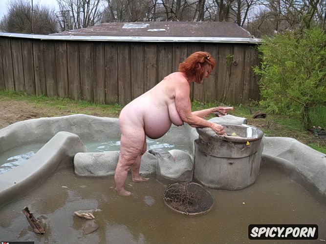 in filthy piss filled bathtub, naked obese bbw granny, short red hair