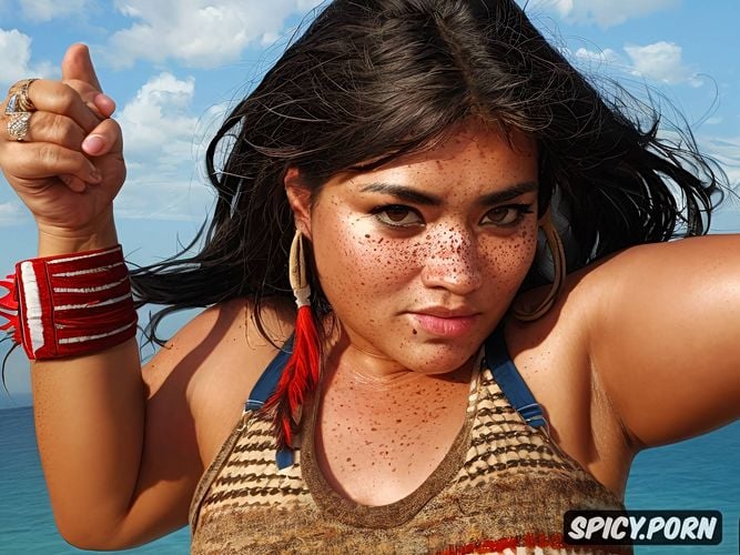 native american, fat, low cut top, teenage woman, sweaty, freckled