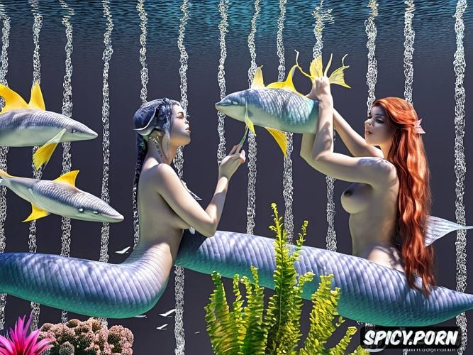 two dolphins, some fish, three young mermaids swimming underwater