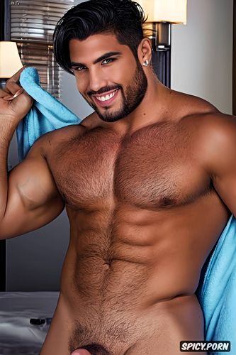 maximo garcia smiling, shaved, studio lamps, realistic big testicles