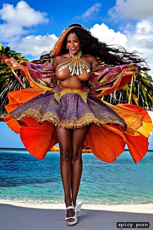 giant hanging tits, high heels, long hair, color portrait, 60 yo beautiful white caribbean carnival dancer