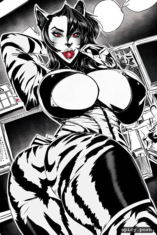 suckling, woman, furry, tiger tail, tiger woman, busty, giant breasts