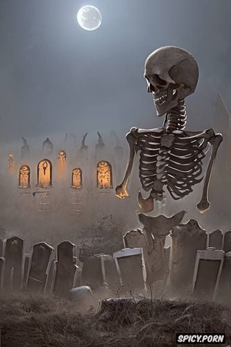 haunted graveyard at night, some meters away, realistic, haunting human skeleton