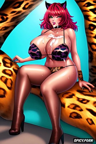 catgirl female, red hair, massive tits, covered in cum, black lips