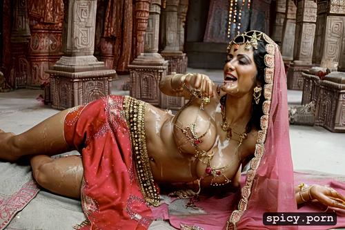 voluptuous figure, pierced nipple, hindu temple, breast and vagina painted with mehendi