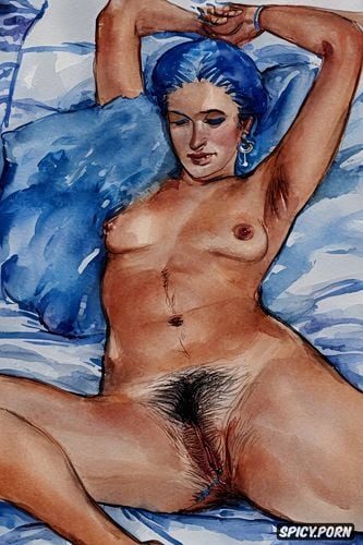 naked, blue haired young woman masturbating, wide hips, short hair