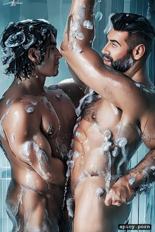 two muscular 40 year old men rubbing soap on each other in the shower