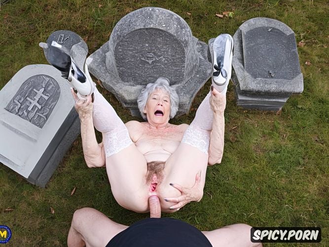 pale, very old granny, cemetery, ninety, spreading hairy pussy