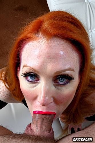 julianne moore, face closeup, blowjob, eye contact, pov, licking tip of dick