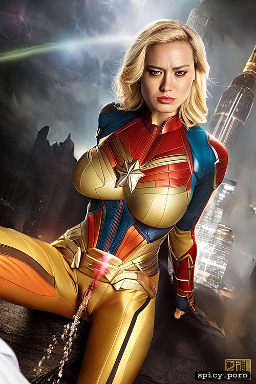 cum shooting out of his penis overflowing pussy, pissing, shackled captain marvel woman marvel character with saggy tits hanging out getting fucked by captain america