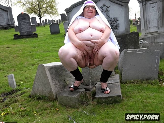 fat, cellulite, grave with headstone in a cemetery, angry, big piss