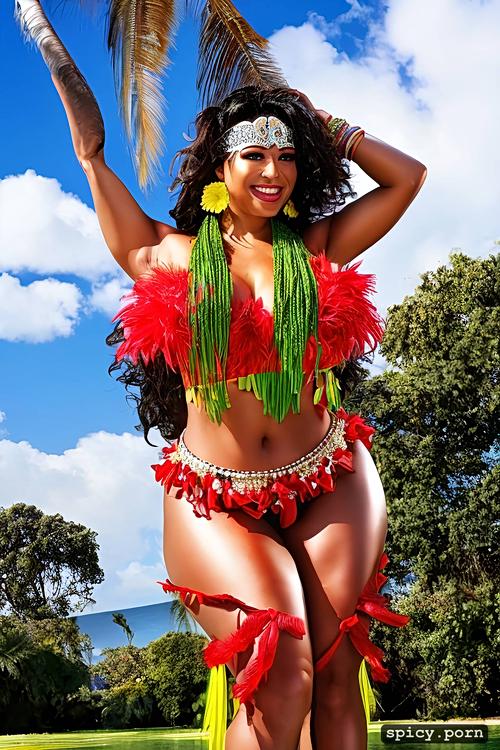 flawless smiling face, 42 yo beautiful tahitian dancer, intricate beautiful hula dancing costume