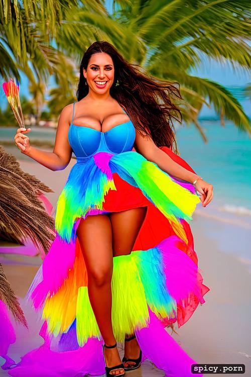 giant hanging tits, color portrait, beautiful smiling face, 28 yo beautiful white caribbean carnival dancer
