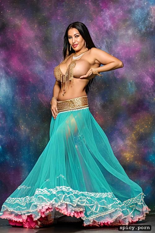 color photo, beautiful bellydance costume, long hair, correct anatomy