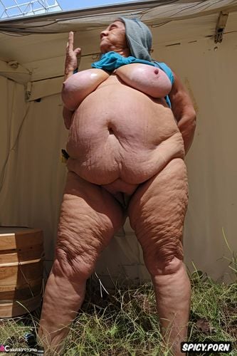 tanned skin, very big fat, pussy, curly hair style, old wrinkles saggy flabby belly